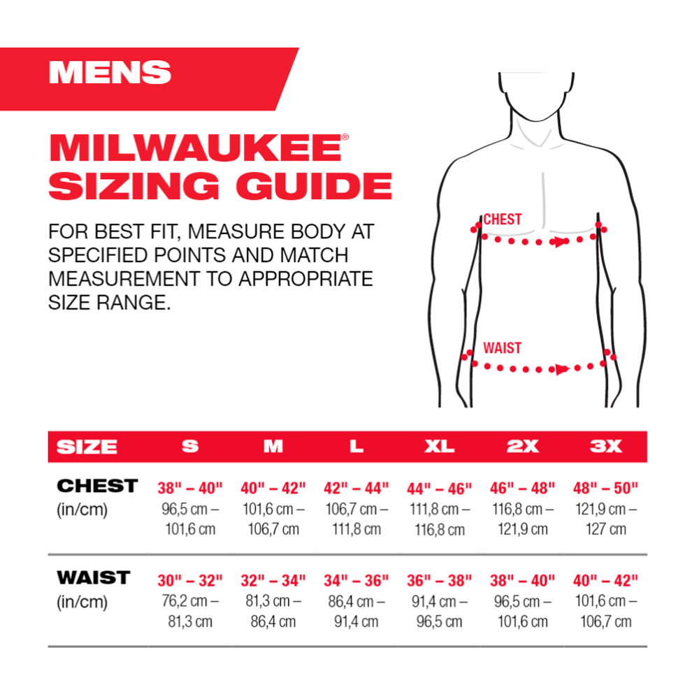 Milwaukee M12 Red Heated TOUGHSHELL Jacket Kit Sizing Chart from Columbia Safety